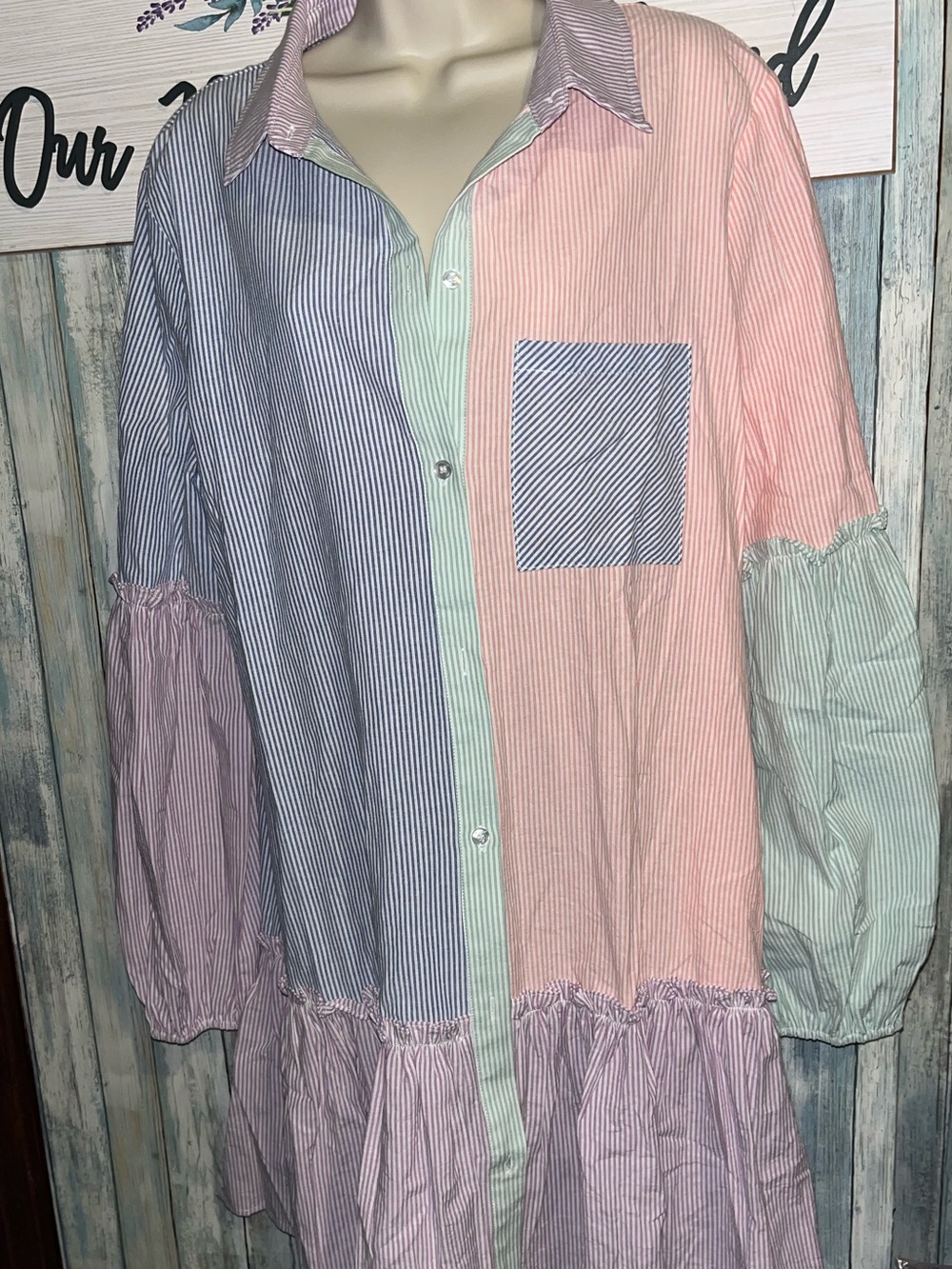 Davi and Dani Large Pastel Colorblock Button-Down Babydoll Dress - Picture 6 of 9